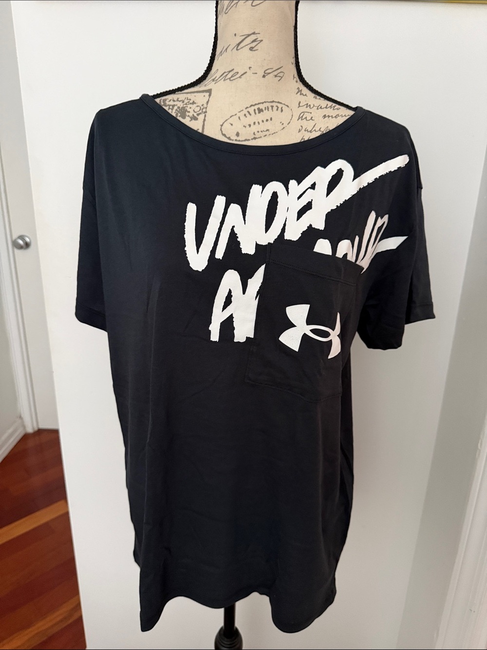 Under Armour Black Short-Sleeve Tee with White Script and Pocket Logo